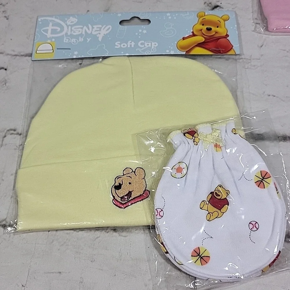 Disney Baby Winnie The Pooh Infant Lot Soft Caps Hats Mittens 3 Each Pink Yellow